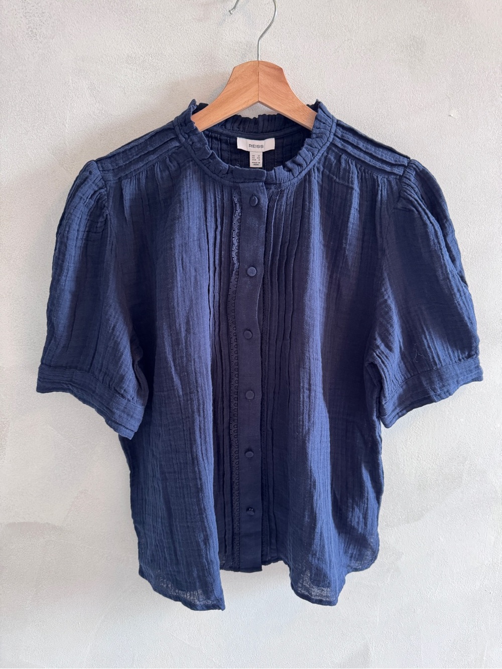 Reiss - Navy Pintuck Button-Front Cotton Blouse (NWT)